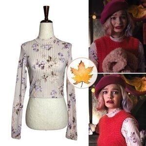 H&M • Floral Ribbed Mock Neck Crop Top Pink XS ASO Enid Sinclair Wednesday